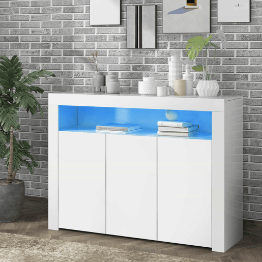 Aparador LED com 3 portas - Vitrina moderna com comando remoto - Branco