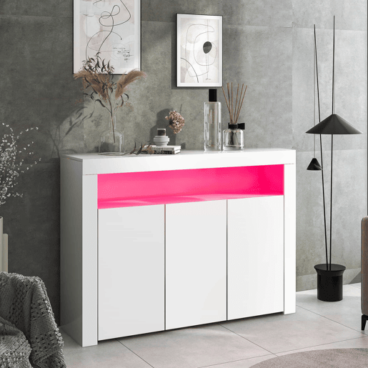 Aparador LED com 3 portas - Vitrina moderna com comando remoto - Branco