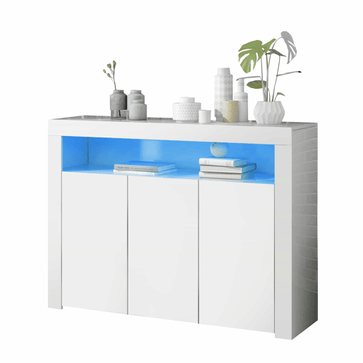 Aparador LED com 3 portas - Vitrina moderna com comando remoto - Branco