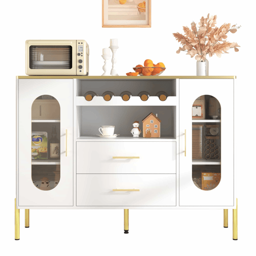 Aparador 150x40x75 cm - Frentes em vidro e vinoteca - Branco
