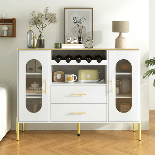 Aparador 150x40x75 cm - Frentes em vidro e vinoteca - Branco