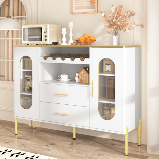 Aparador 150x40x75 cm - Frentes em vidro e vinoteca - Branco