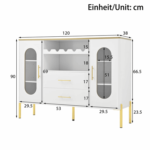 Aparador 150x40x75 cm - Frentes em vidro e vinoteca - Branco