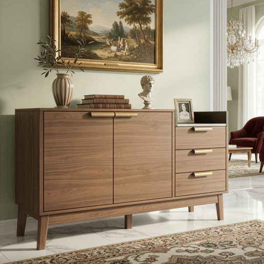 Cómoda de sala 120x77x40 cm - Aberta + 3 gavetas e armário com 2 portas - Robusta em carvalho escuro