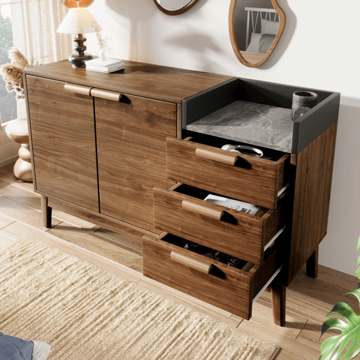 Cómoda de sala 120x77x40 cm - Aberta + 3 gavetas e armário com 2 portas - Robusta em carvalho escuro