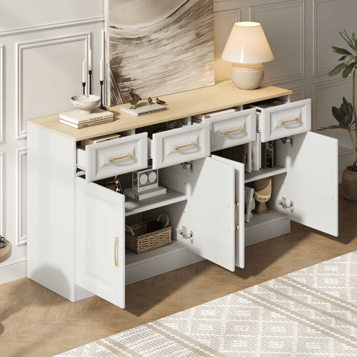 Aparador 140 cm - Com 4 gavetas e 4 portas tipo celeiro, estilo rústico moderno - Branco madeira Aparador 140 cm - Com 4 gavetas e 4 portas tipo celeiro, estilo rústico moderno - Branco madeira