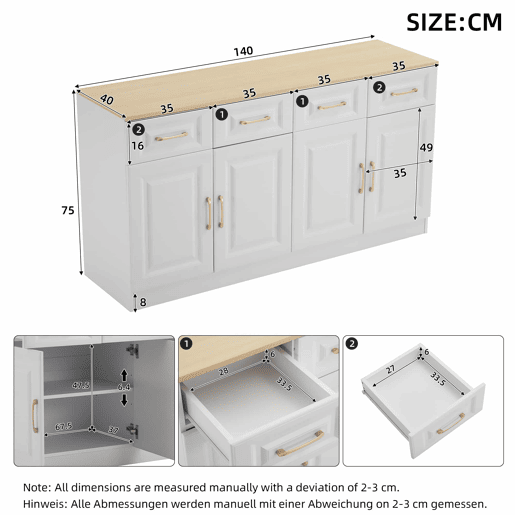 Aparador 140 cm - Com 4 gavetas e 4 portas tipo celeiro, estilo rústico moderno - Branco madeira Aparador 140 cm - Com 4 gavetas e 4 portas tipo celeiro, estilo rústico moderno - Branco madeira