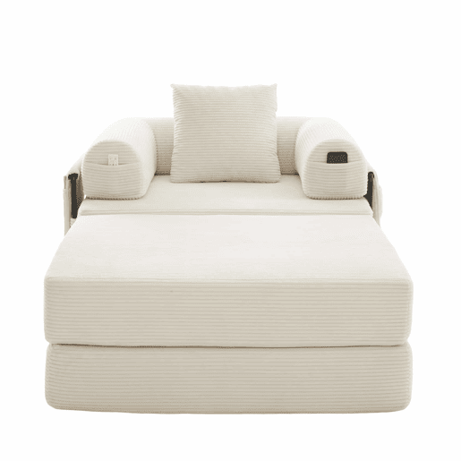 Sofá-cama individual de 1 lugar - design ergonómico, estrutura metálica estável, com almofada e bolso lateral - cor bege