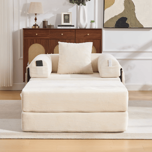 Sofá-cama individual de 1 lugar - design ergonómico, estrutura metálica estável, com almofada e bolso lateral - cor bege