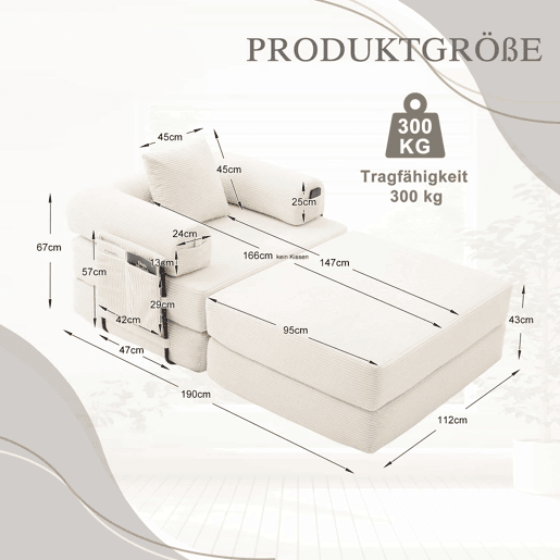 Sofá-cama individual de 1 lugar - design ergonómico, estrutura metálica estável, com almofada e bolso lateral - cor bege