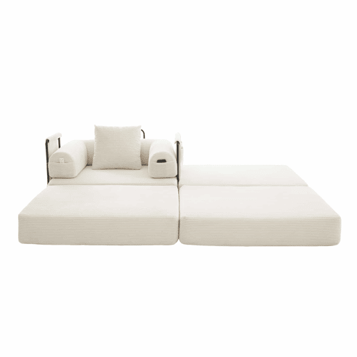 Sofá-cama individual de 1 lugar - design ergonómico, estrutura metálica estável, com almofada e bolso lateral - cor bege