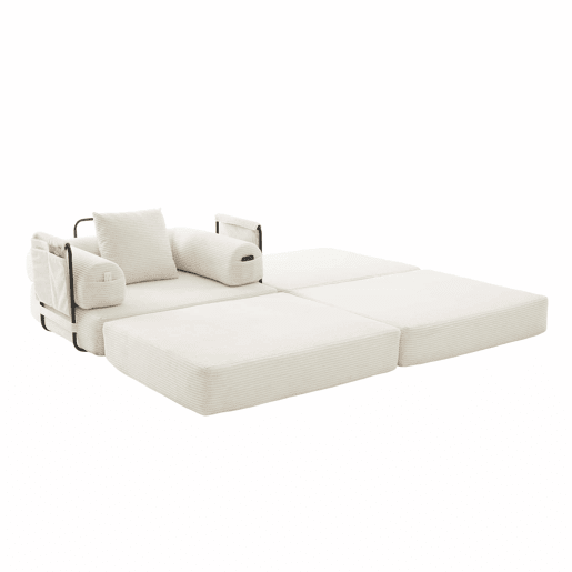 Sofá-cama individual de 1 lugar - design ergonómico, estrutura metálica estável, com almofada e bolso lateral - cor bege