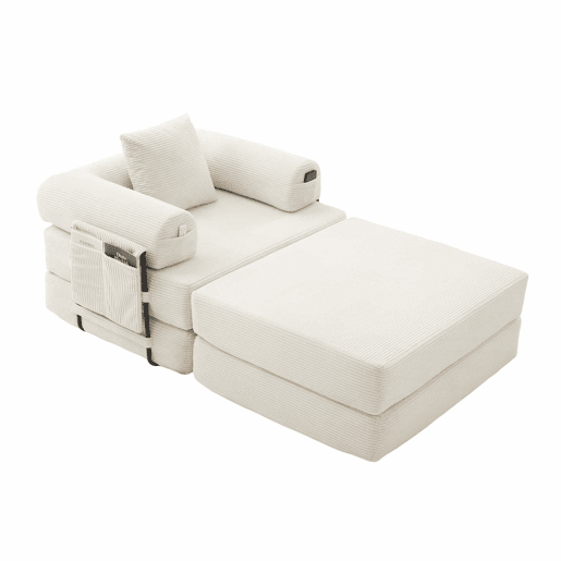 Sofá-cama individual de 1 lugar - design ergonómico, estrutura metálica estável, com almofada e bolso lateral - cor bege
