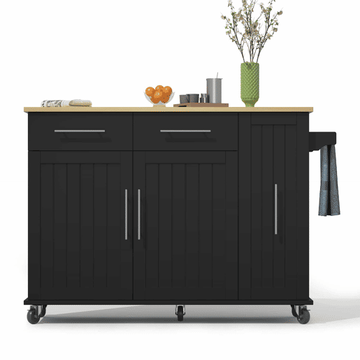 Ilha de cozinha 107 cm - Carrinho móvel com 3 níveis, arrumação e 2 gavetas - Preto+Natural