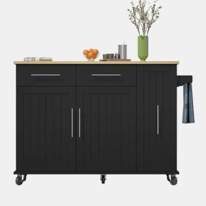 Ilha de cozinha 107 cm - Carrinho móvel com 3 níveis, arrumação e 2 gavetas - Preto+Natural