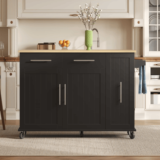 Ilha de cozinha 107 cm - Carrinho móvel com 3 níveis, arrumação e 2 gavetas - Preto+Natural