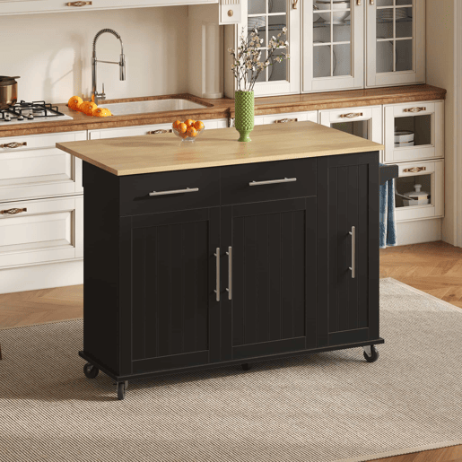 Ilha de cozinha 107 cm - Carrinho móvel com 3 níveis, arrumação e 2 gavetas - Preto+Natural