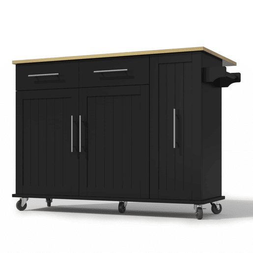 Ilha de cozinha 107 cm - Carrinho móvel com 3 níveis, arrumação e 2 gavetas - Preto+Natural