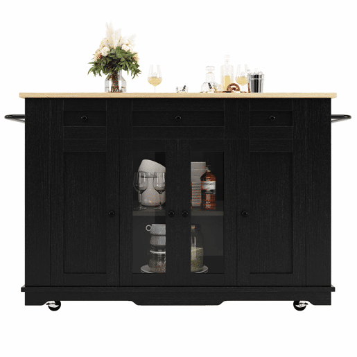 Ilha de cozinha - Com painéis removíveis - Com armário e bancada - Cor Preto + Natural