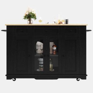 Ilha de cozinha - Com painéis removíveis - Com armário e bancada - Cor Preto + Natural