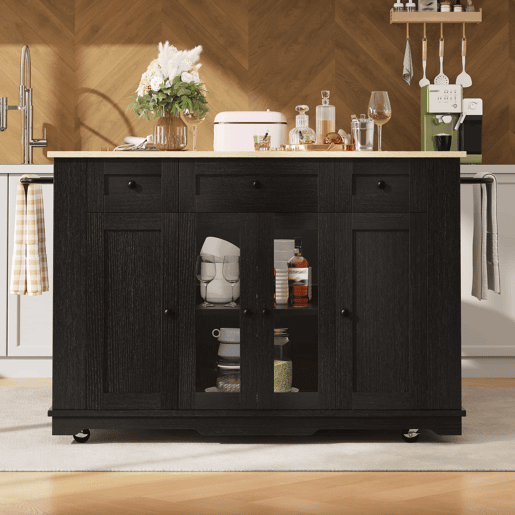 Ilha de cozinha - Com painéis removíveis - Com armário e bancada - Cor Preto + Natural