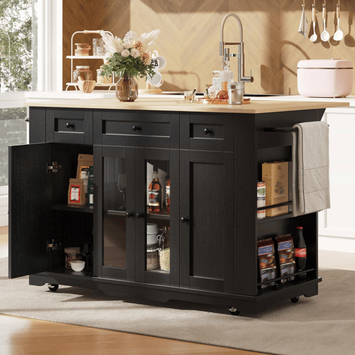 Ilha de cozinha - Com painéis removíveis - Com armário e bancada - Cor Preto + Natural