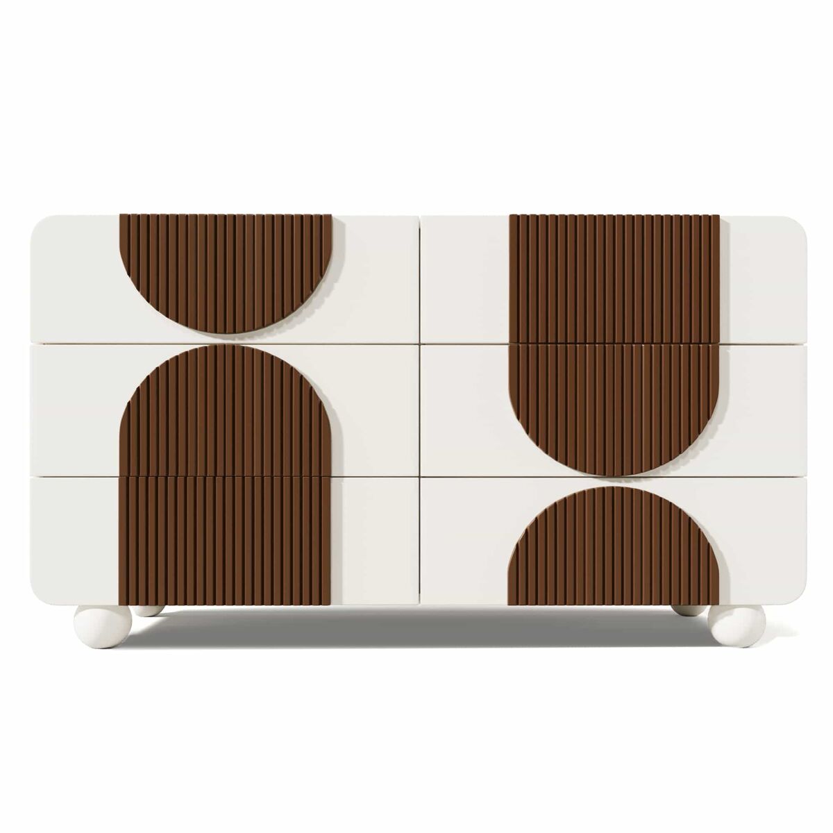 Cómoda 121x71x41 cm - 6 cajones, diseño curvado, tiras de madera chocolate, blanco
