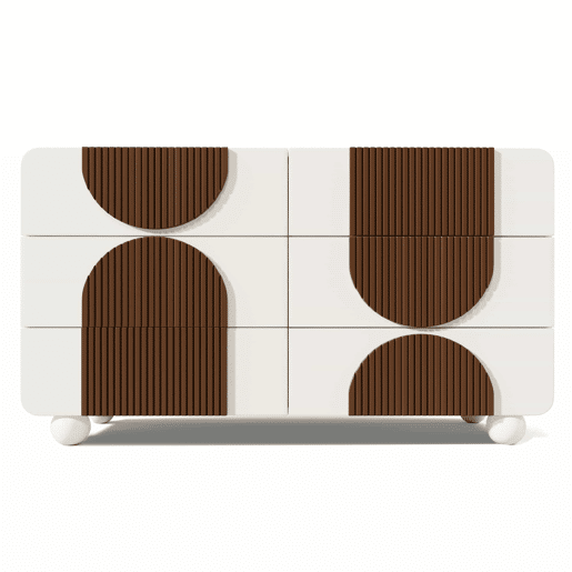 Cômoda 121x71x41 cm - 6 gavetas, design curvo, tiras de madeira chocolate, branco