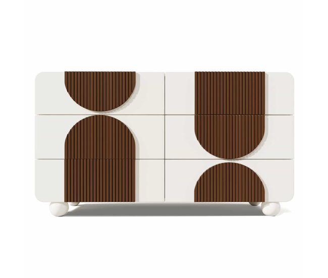 Cómoda 121x71x41 cm - 6 cajones, diseño curvado, tiras de madera chocolate, blanco