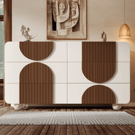 Cômoda 121x71x41 cm - 6 gavetas, design curvo, tiras de madeira chocolate, branco