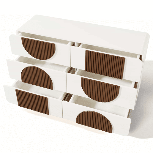 Cômoda 121x71x41 cm - 6 gavetas, design curvo, tiras de madeira chocolate, branco