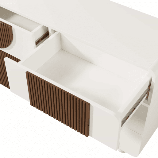 Cômoda 121x71x41 cm - 6 gavetas, design curvo, tiras de madeira chocolate, branco
