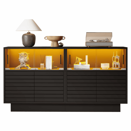 Móvel de arrumação 130x35x68 cm - Com 2 armários, 4 compartimentos, portas de vidro, com luz LED, moderno, com amplo espaço de arrumação