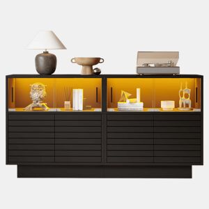 Móvel de arrumação 130x35x68 cm - Com 2 armários, 4 compartimentos, portas de vidro, com luz LED, moderno, com amplo espaço de arrumação