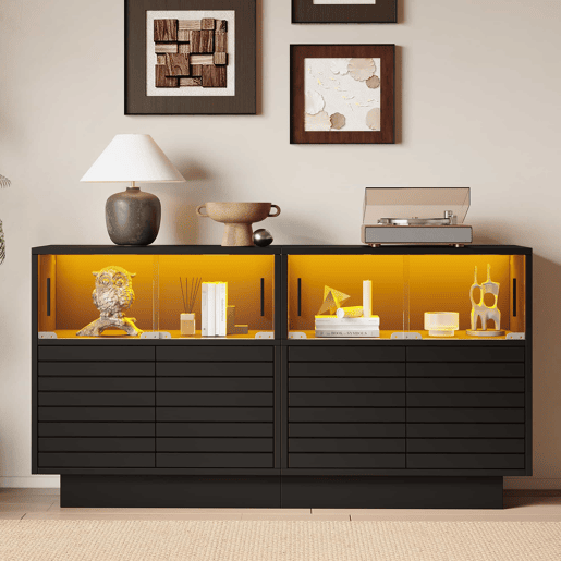 Móvel de arrumação 130x35x68 cm - Com 2 armários, 4 compartimentos, portas de vidro, com luz LED, moderno, com amplo espaço de arrumação