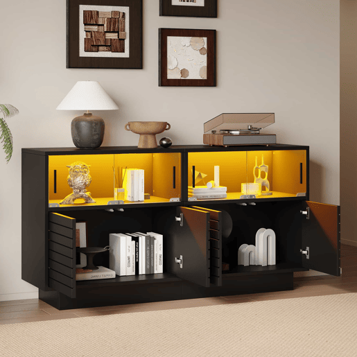 Móvel de arrumação 130x35x68 cm - Com 2 armários, 4 compartimentos, portas de vidro, com luz LED, moderno, com amplo espaço de arrumação