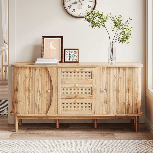 Móvel auxiliar - 120x40x75 cm - com portas de correr, prateleiras ajustáveis e superfície arredondada - cor Natural