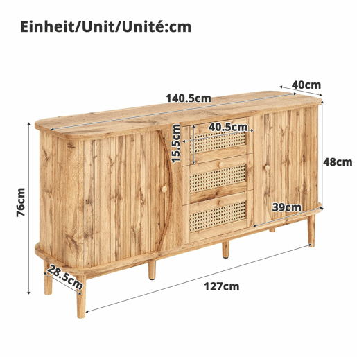 Móvel auxiliar - 120x40x75 cm - com portas de correr, prateleiras ajustáveis e superfície arredondada - cor Natural