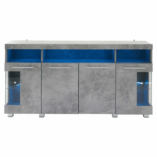 Mesa auxiliar 140x40x70cm - Aparador de alto brilho com luz LED, 3 compartimentos, vidro temperado - Cinza cimento