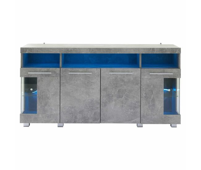 Mesa auxiliar 140x40x70cm - sideboard de alto brillo con luz led, 3 compartimentos, vidrio templado - gris cemento