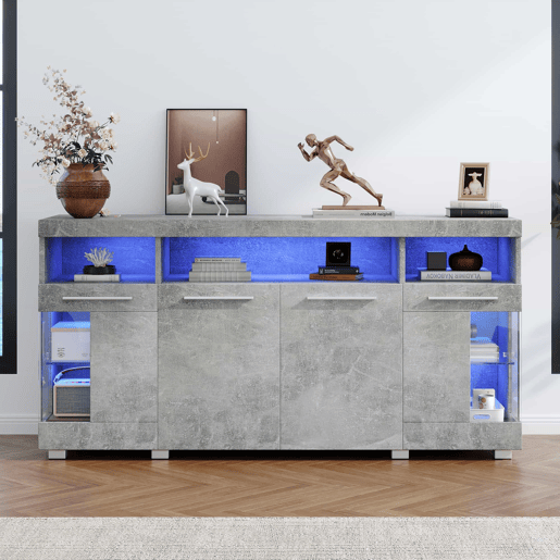 Mesa auxiliar 140x40x70cm - Aparador de alto brilho com luz LED, 3 compartimentos, vidro temperado - Cinza cimento