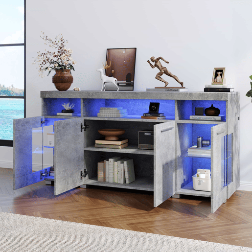 Mesa auxiliar 140x40x70cm - Aparador de alto brilho com luz LED, 3 compartimentos, vidro temperado - Cinza cimento