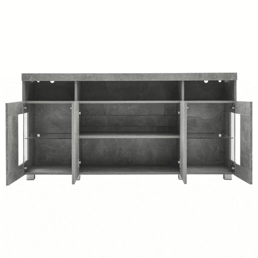 Mesa auxiliar 140x40x70cm - Aparador de alto brilho com luz LED, 3 compartimentos, vidro temperado - Cinza cimento