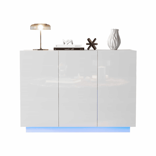 Aparador 120x40x75 cm - Aberto e fechado, com luz LED na base - Branco