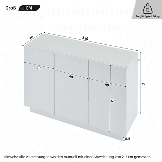Aparador 120x40x75 cm - Aberto e fechado, com luz LED na base - Branco