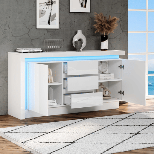 Aparador 140x35x72 cm - CĂ´moda com 3 gavetas e 2 portas - Branco Aparador 140x35x72 cm - CĂ´moda com 3 gavetas e 2 portas - Branco