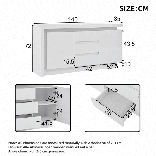 Aparador 140x35x72 cm - CĂ´moda com 3 gavetas e 2 portas - Branco Aparador 140x35x72 cm - CĂ´moda com 3 gavetas e 2 portas - Branco