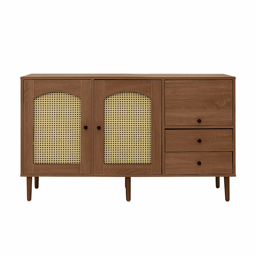 Aparador estilo rústico 130x75,5x40 cm - Portas em rattan, fecho magnético, prateleiras ajustáveis - Design elegante e versátil - Cor madeira