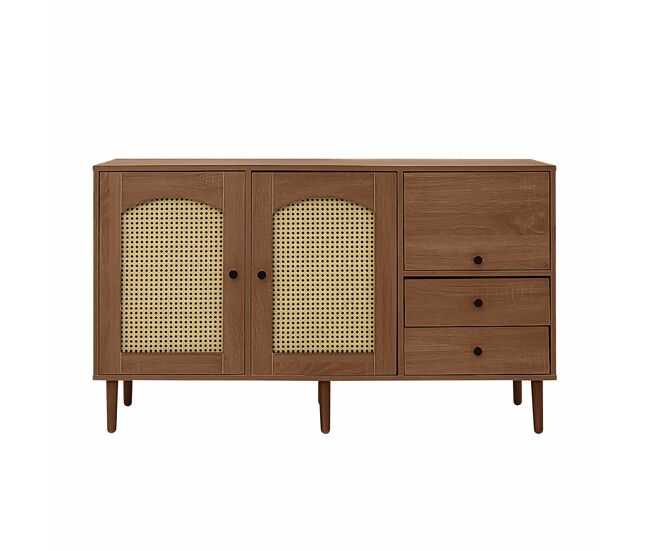 Aparador estilo rústico 130x75,5x40 cm - puertas de ratán, cierre magnético, estantes ajustables - diseño elegante y versátil - color madera