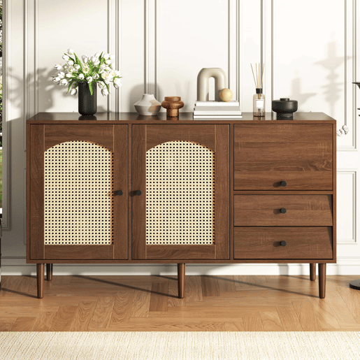 Aparador estilo rústico 130x75,5x40 cm - Portas em rattan, fecho magnético, prateleiras ajustáveis - Design elegante e versátil - Cor madeira